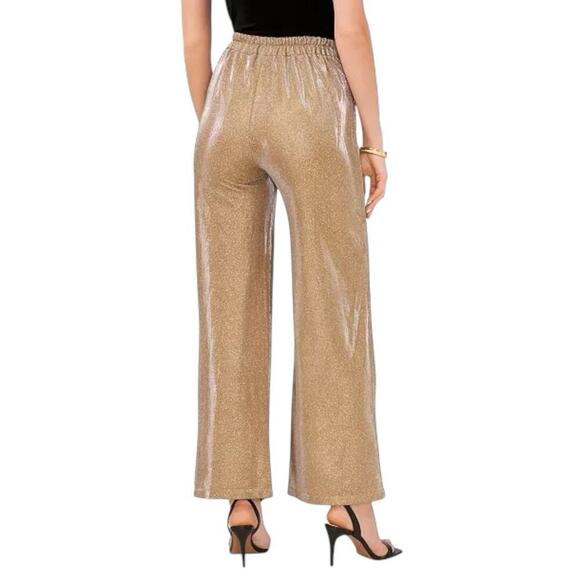 CeCe Metallic Gold Straight-Leg High Rise Glitter Sparkle Zip Trouser Pants S - Picture 3 of 10